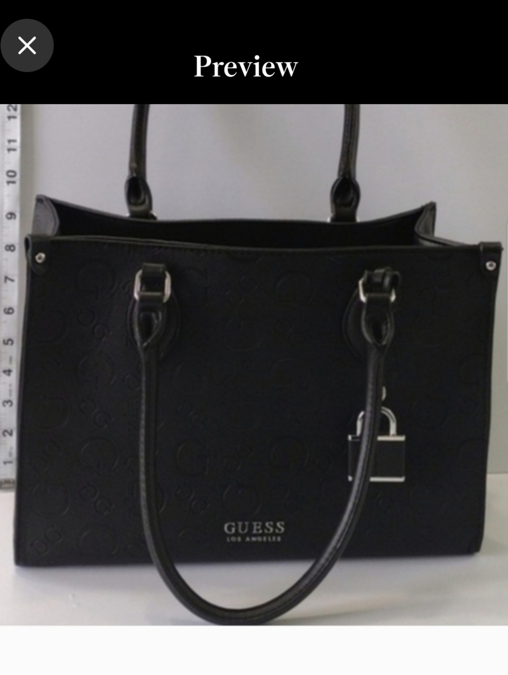 GUESS Store Black And Silver Embossed Logo Square Tote with Padlock Charm